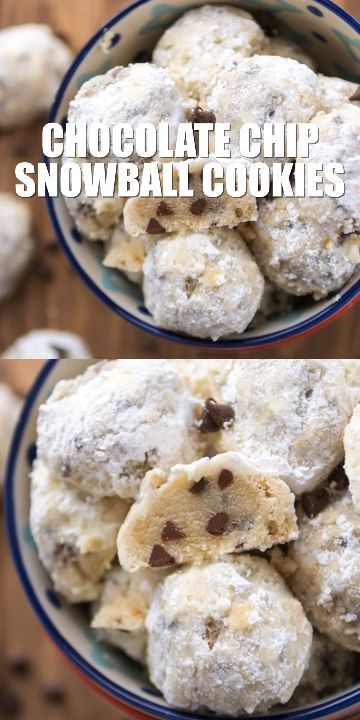 chocolate chip snowball cookies in a bowl