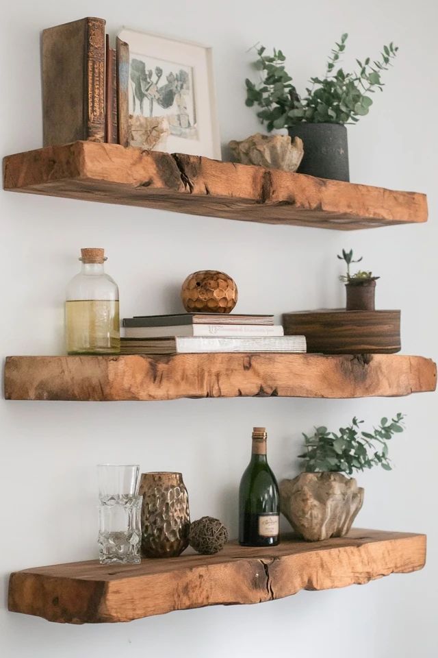 two wooden shelves with books, vases and other items on top of each shelf