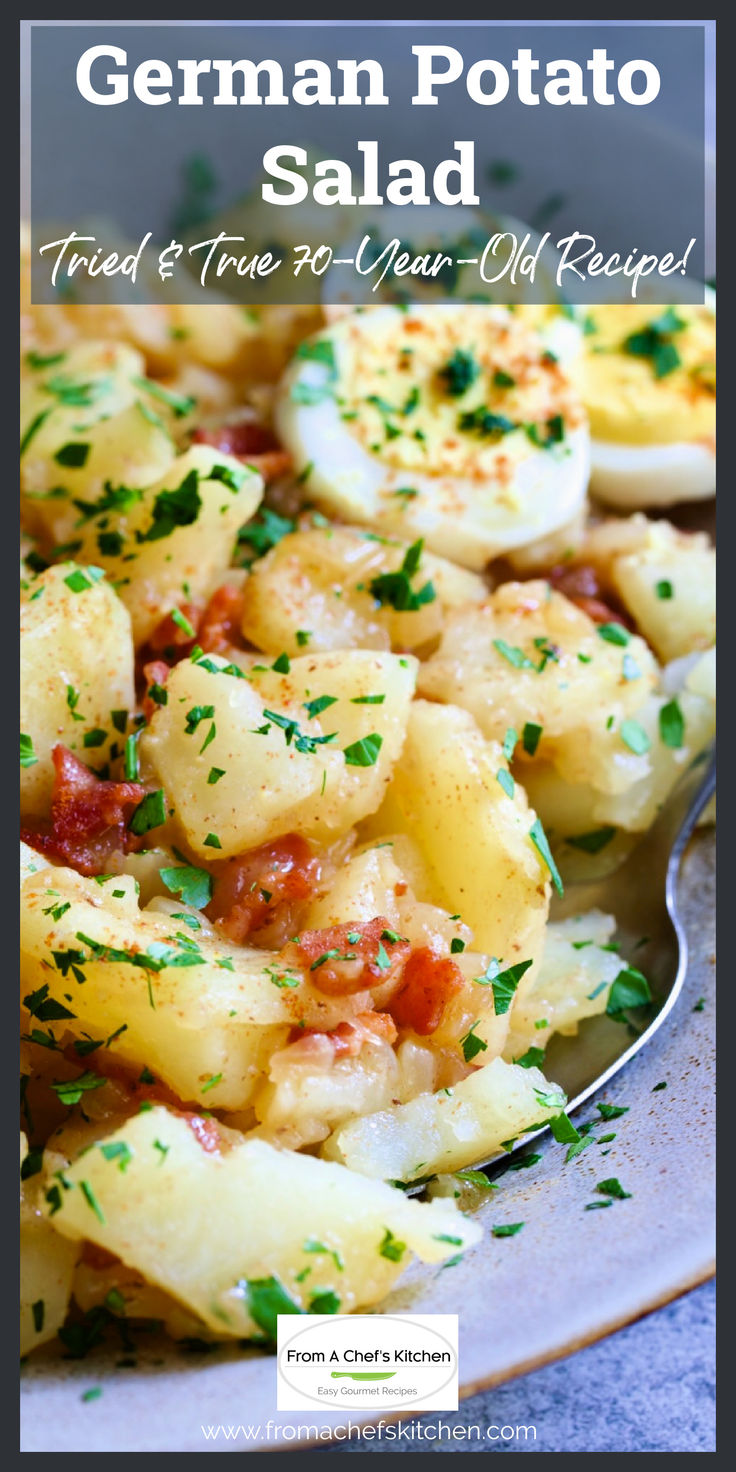 German Potato Salad on platter with serving spoon. Sweet German Potato Salad, German Potato Salad Dressing, Easy German Potato Salad Recipe, German Salads Authentic, Vinegar Potato Salad Recipe, Potato Salad Side Dishes, Tangy Potato Salad, Potato Salad Vinegar Based, Vinegar Based Potato Salad