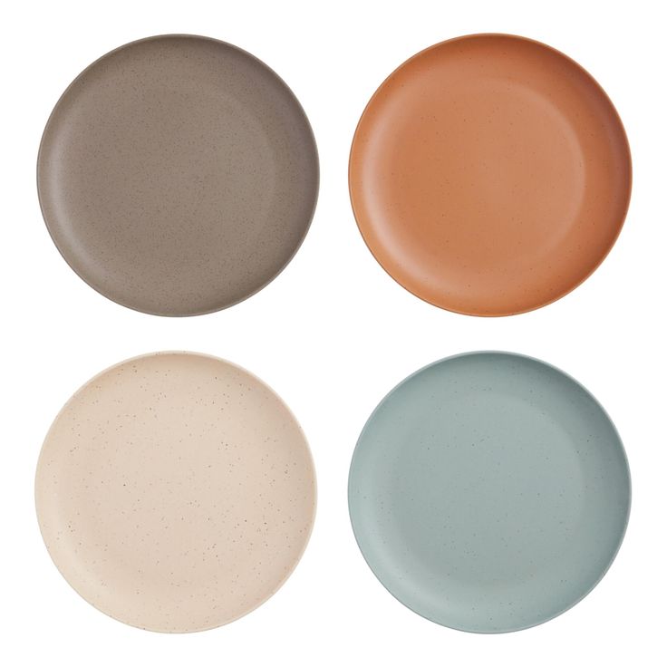 four plates with different shades of brown, blue, and tan on them are shown