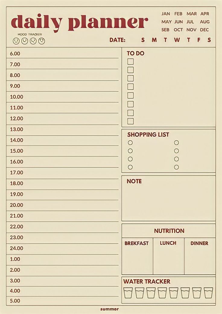 a printable daily planner is shown with the date and time for each item to be purchased