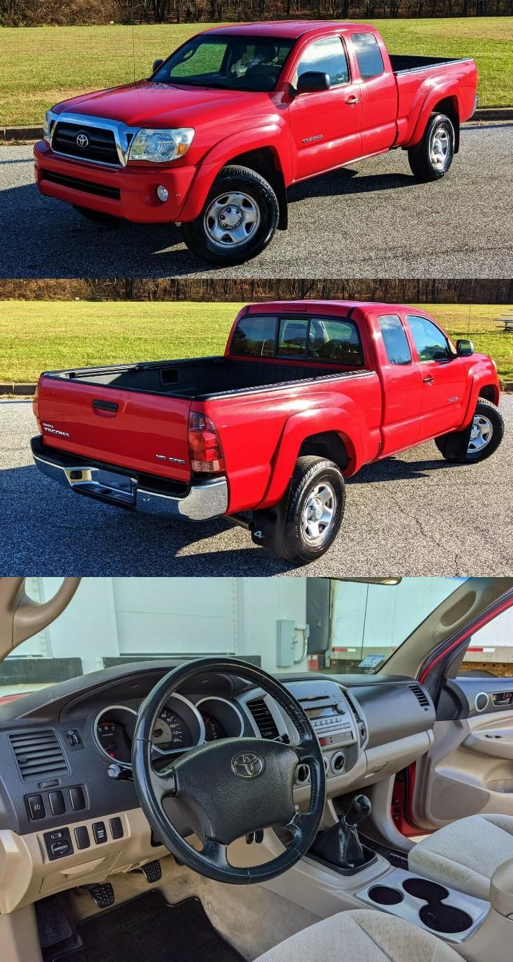 two pictures of the inside and outside of a red truck