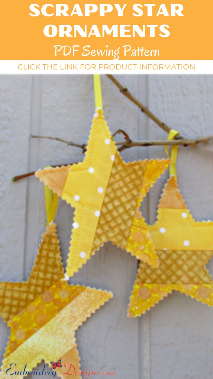 three yellow stars hanging from a string with the words scrappy star ornaments