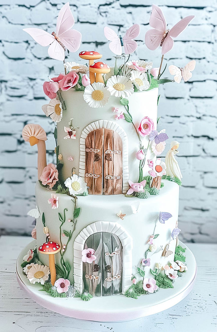 a three tiered cake decorated with flowers, mushrooms and fairy doors on a plate