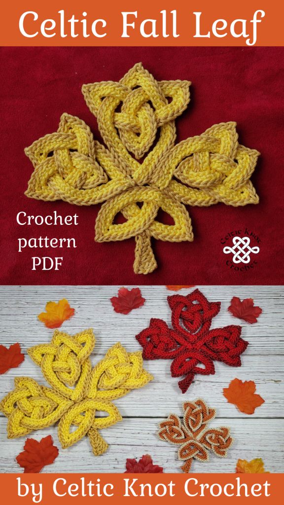 crochet fall leaf pattern is shown in three different colors, including red and yellow