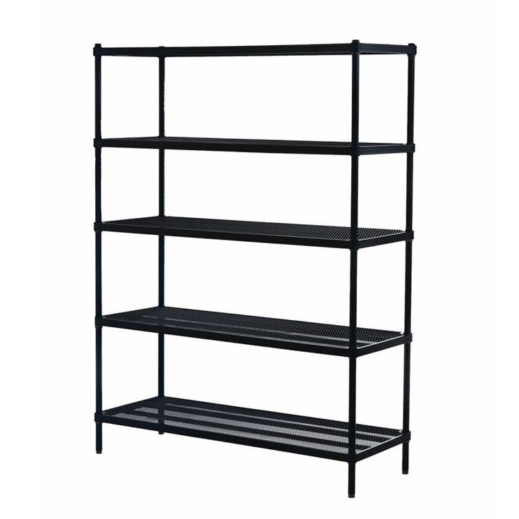 black shelving unit with four shelves on each side and one shelf above the other