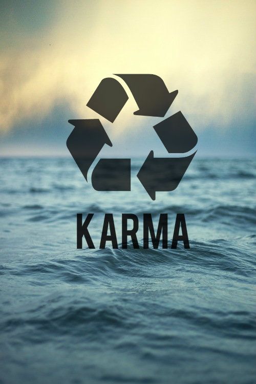 the words karma are written in black and white on a blue background with an image of a recycle