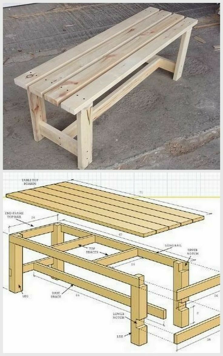 the plans for a picnic table are shown in two different views, one is made from wood