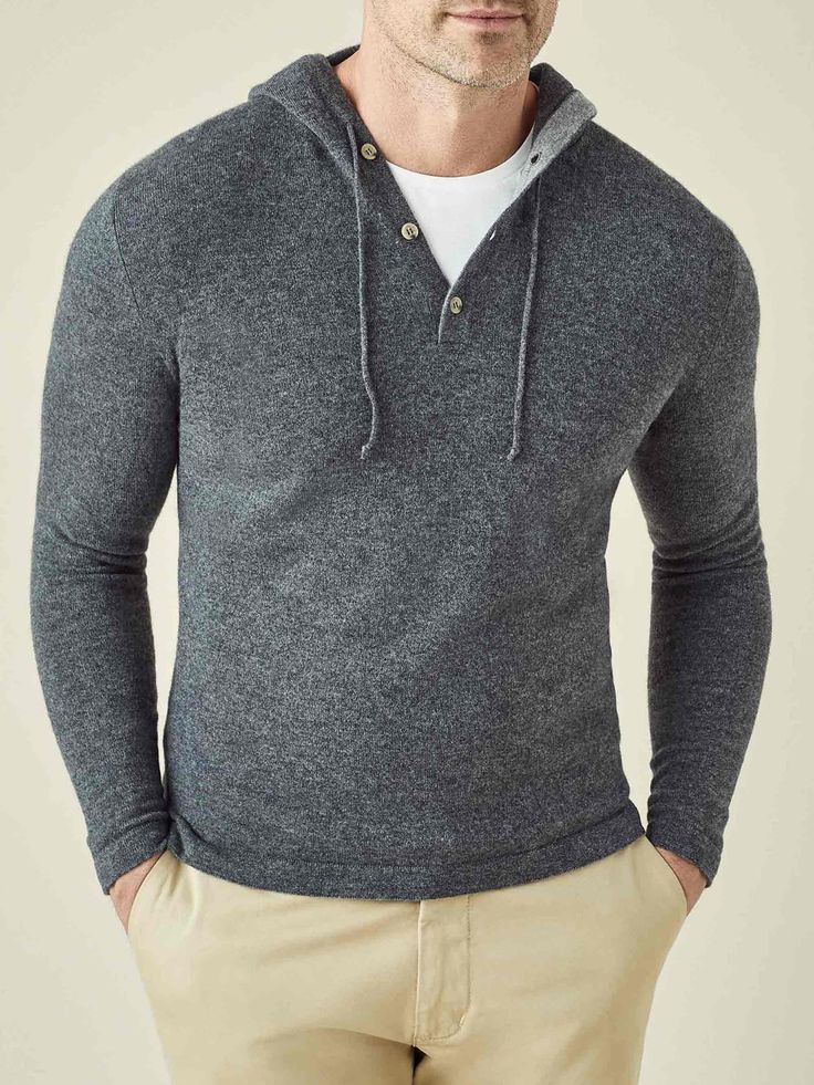 Our pullover hoodie is expertly knitted from the finest two-ply cashmere in Bergamo, Northern Italy. This refined piece offers a sophisticated take on relaxed leisurewear with a weight of approximately 300 grams, making it an ideal companion from autumn to spring. Unlike our regular jumpers, this design features the fit of a polo, with straight arms and body. It will gently adapt to your body shape, offering an elegant drape that ensures a modern, comfortable silhouette.    We are proud to sourc Luca Faloni, Conversion Table, Cashmere Hoodie, Hoodie Jumper, Men's Pullover, Cashmere Yarn, Stone Grey, Sports Luxe, Cotton Chinos