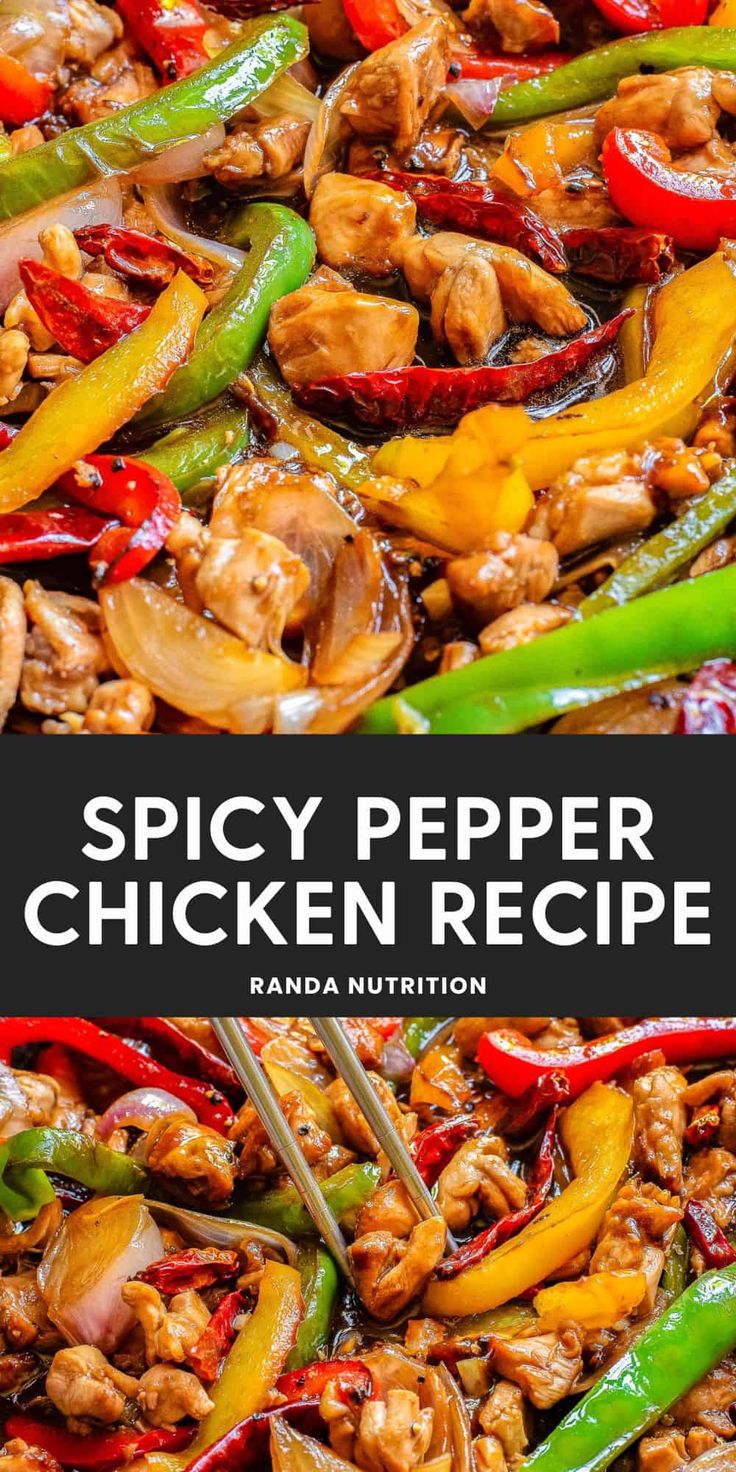 spicy pepper chicken recipe in a pan with the title overlaying it's image