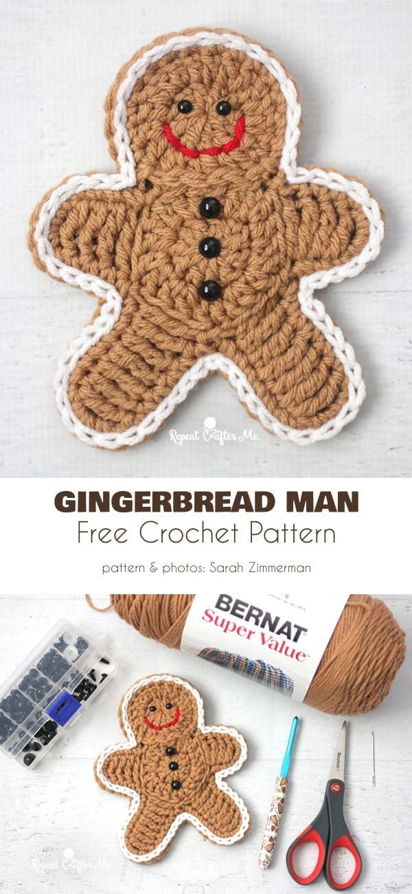 a crocheted gingerbread man is shown with scissors, yarn and other crafting supplies