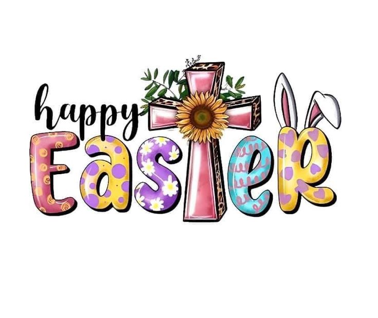 the words happy easter are painted in bright colors and decorated with an egg, sunflower, and cross