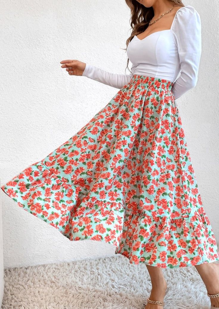 The Emes Shop skirt is detailed with vintage floral prints. Features a high waist. gartered waist. A-line silhouette. and below knee length. Pair it with a puff sleeve blouse and sandals for a classy look.MATERIAL:100% Soft Poly MEASUREMENTS:Dress Length is 31"-33"in Small | Waist: 26"-28"in Medium | Waist: 28"-30"in Large | Waist: 30"-32"in X Large | Waist: 32"-34"in MEASUREMENTS:Dress Length is 78"-83"in Small | Waist: 66"-71"cm Medium | Waist: 71"-76"cm Large | Waist: 76"-81"cm X Large | Waist: 81"-86"cm Spring Full Maxi Skirt With Elastic Waistband, Feminine High-waist Maxi Skirt For Spring, Spring Voluminous Maxi Skirt For Day Out, Spring Floral Print Full Maxi Skirt, Feminine High Waist Maxi Skirt For Spring, Spring Maxi Skirt For Day Out With Gathered Detail, Spring Day Out Maxi Skirt With Gathered Details, Non-stretch Gathered Skirt For Spring, Chic Floral Print Tiered Skirt