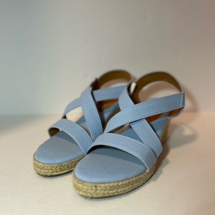 Aldi-Serra Brand Women’s Blue Wedges-Size 9 2024 Production Tags Cut, Never Worn Blue Fabric Wedges/Espadrilles With Woven Bottom About 3 Inch Heel Sold As Is Blue Sandals With Woven Sole And Round Toe, Blue Casual Wedge Sandals With Round Toe, Blue Open Toe Espadrille Wedge Sandals, Blue Round Toe Wedge Sandals, Blue Casual Round Toe Wedge Sandals, Casual Blue Round Toe Wedge Sandals, Comfortable Blue Wedge Heel Sandals, Casual Light Blue Wedge Sandals For Beach, Blue Open-toe Espadrilles With Woven Sole