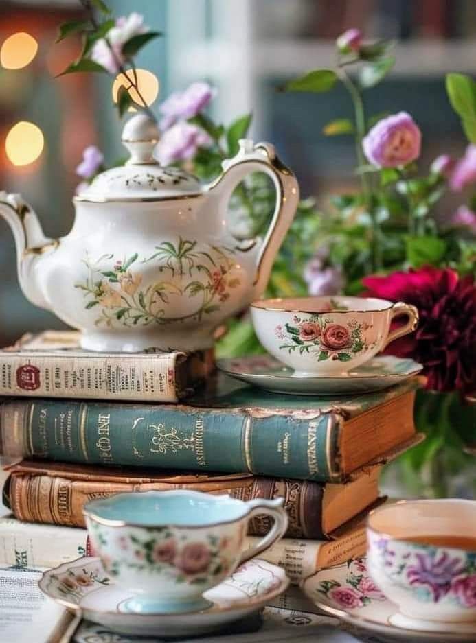 a stack of books with tea cups and saucers on them next to some flowers