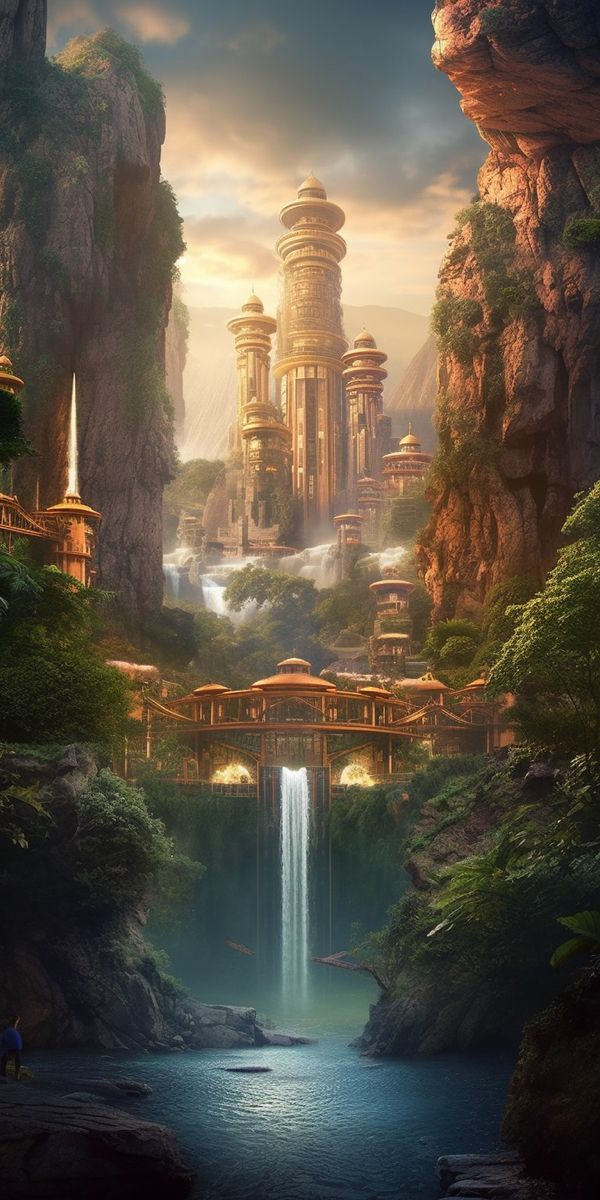 a futuristic city surrounded by mountains and waterfalls is shown in this artistic photo from the movie avatar