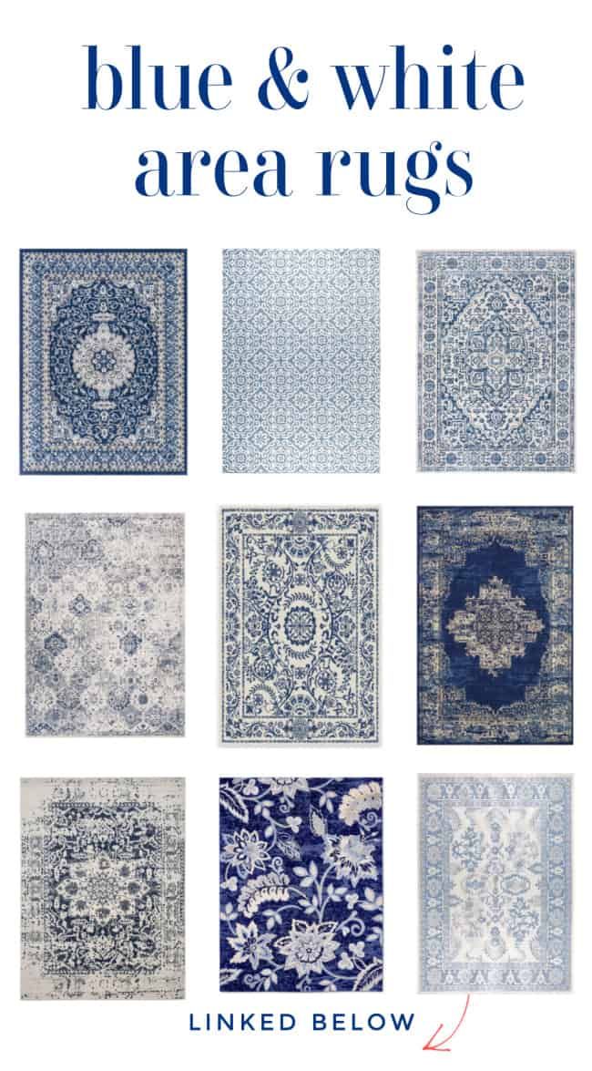 the blue and white area rugs are shown in different sizes, colors and patterns