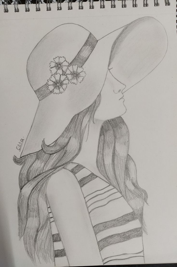 a pencil drawing of a girl wearing a hat with flowers on her brimming