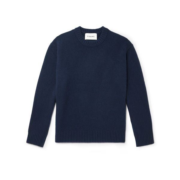 FRAME's cashmere sweater is a staple you'll get so much wear out of. It has a classic crew neckline and navy tone that goes with everything. Classic Wool Crew Sweater, Luxury Crew Neck Sweater For Work, Luxury Blue Sweater For Workwear, Luxury Blue Sweater For Work, Classic Wool Crew Neck Sweater, Classic Blue Sweater With Ribbed Cuffs, Classic Crew Sweater For Work, Classic Crew Neck Workwear Sweater, Classic Crew Neck Everyday Sweater