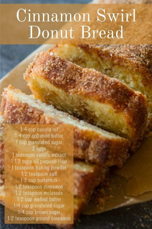 cinnamon swirl donut bread on a cutting board with instructions for how to make it