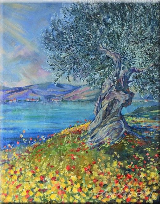 an acrylic painting of a tree on a hill overlooking the ocean and mountains