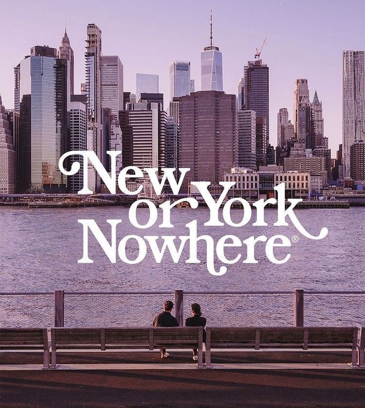 two people sitting on a bench in front of a city skyline with the words new york nowhere