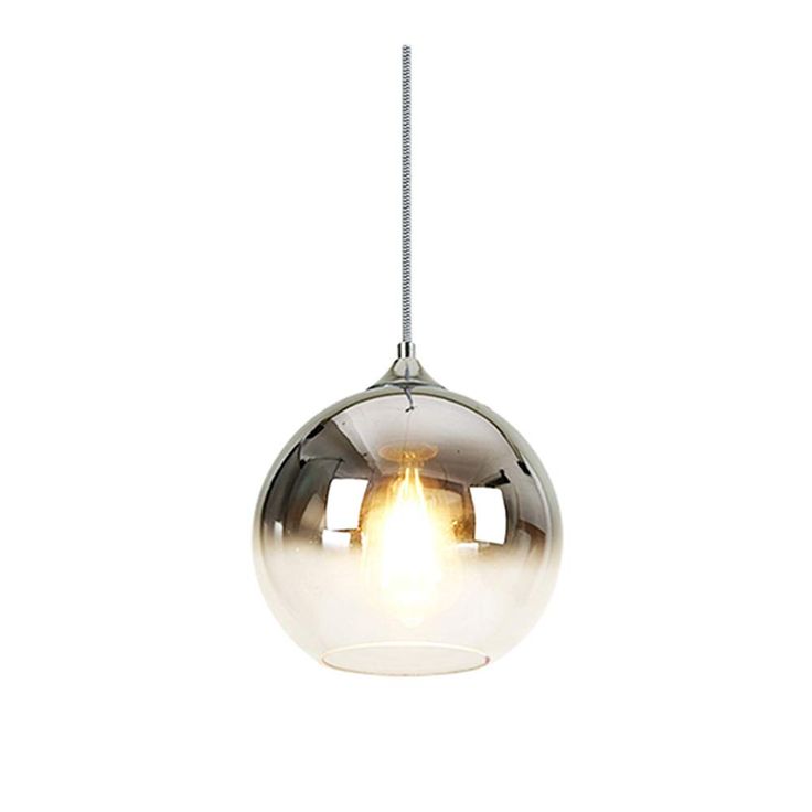 a chrome ball light hanging from a chain on a white background, with the bulb turned upside down