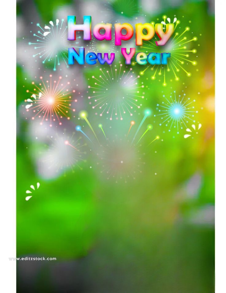 a happy new year card with fireworks and blurry green leaves in the foreground