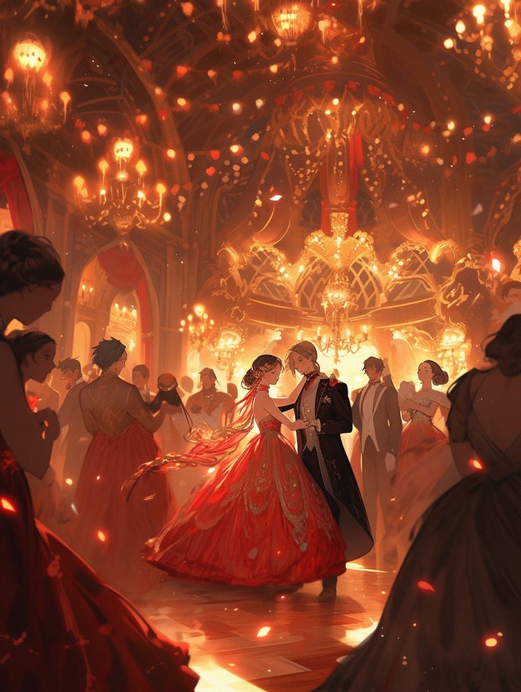 a couple dancing in an ornate ballroom with chandeliers and red dresses on the dance floor