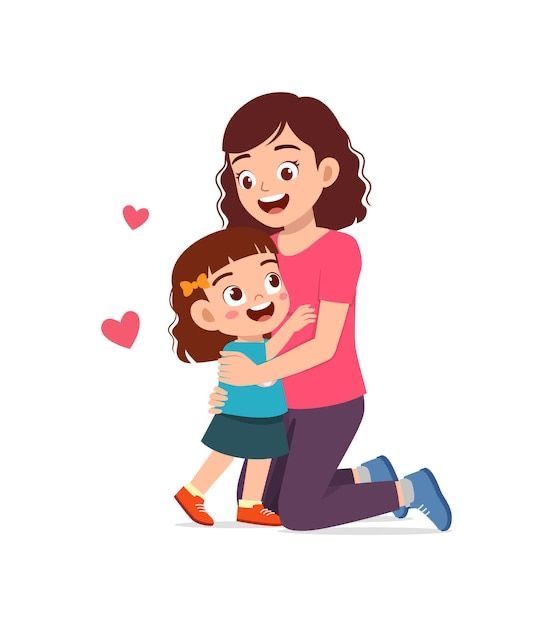 a mother hugging her daughter on the cheek and hearts in the air behind her illustration