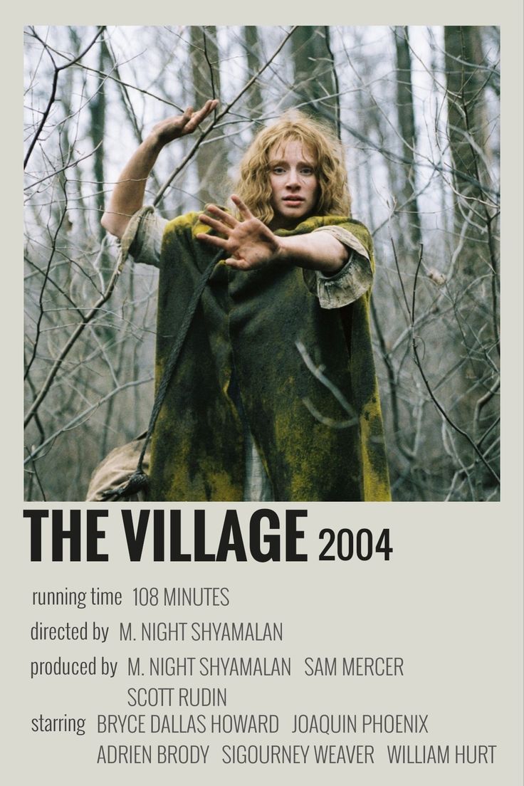 an advertisement for the village, featuring a woman in a forest with her arms stretched out