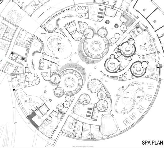 an architectural drawing of a circular building with lots of windows and seating areas in the center