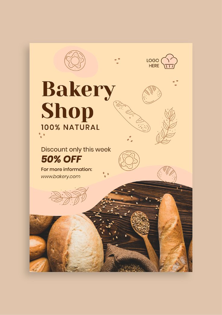 the bakery shop flyer is shown with breads