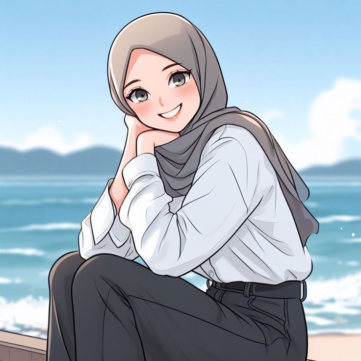 a woman sitting on top of a wooden bench next to the ocean wearing a hijab