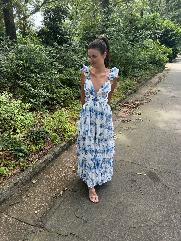 Floral ruffled maxi dress with elegant back! Kendall is wearing a size small. Floral Maxi Dresses, Romantic Blue, Girly Dresses, Plus Size Shopping, Ruffled Maxi Dress, Floral Maxi, Floral Maxi Dress, Blue Dress, Maxi Dresses