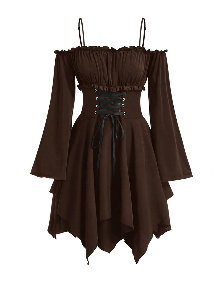 Women Fashion Solid Color Long Sleeve Camisole Dress Brown Casual  Long Sleeve Knitted Fabric Colorblock,Plain A Line Medium Stretch Summer Women Clothing, size features are:Bust: ,Length: ,Sleeve Length: Cute Long Shirts, Faerie Clothing, Bohemian Style Fitted Medieval Dress For Cosplay, Witchcore Clothes, Brown Dress Outfit Casual, Long Brown Dress, Narnia Outfits, Green Clothing, Clothes Shein