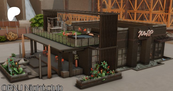 an animated model of a building with plants growing out of the roof and on top