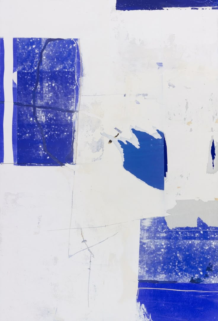 an abstract painting with blue and white paint on the outside of it, including squares