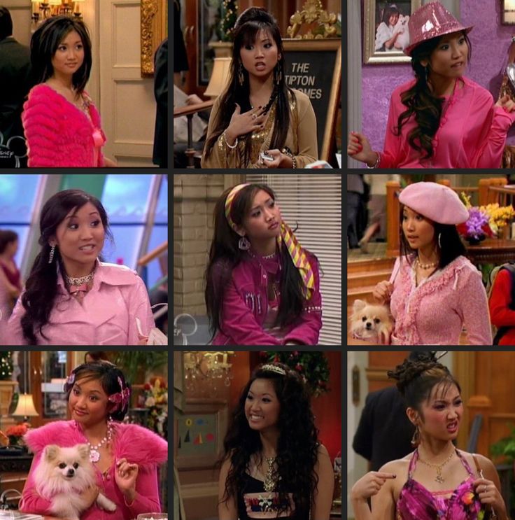 several pictures of the same woman in different outfits and hair styles, all wearing pink