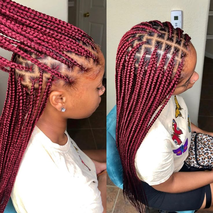 Small Knotless Box Braids With Curls And Color, All Red Knotless Braids, Small Red Box Braids, Knotless Burgundy Braids, Burgundy Small Knotless Braids, Wine Braids Hairstyles, Knotless Box Braids Red, Knotless Box Braids Color Burgundy, Small Burgundy Knotless Box Braids