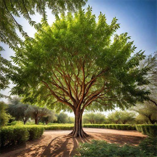 a painting of a tree in the middle of a dirt road with bushes and trees around it