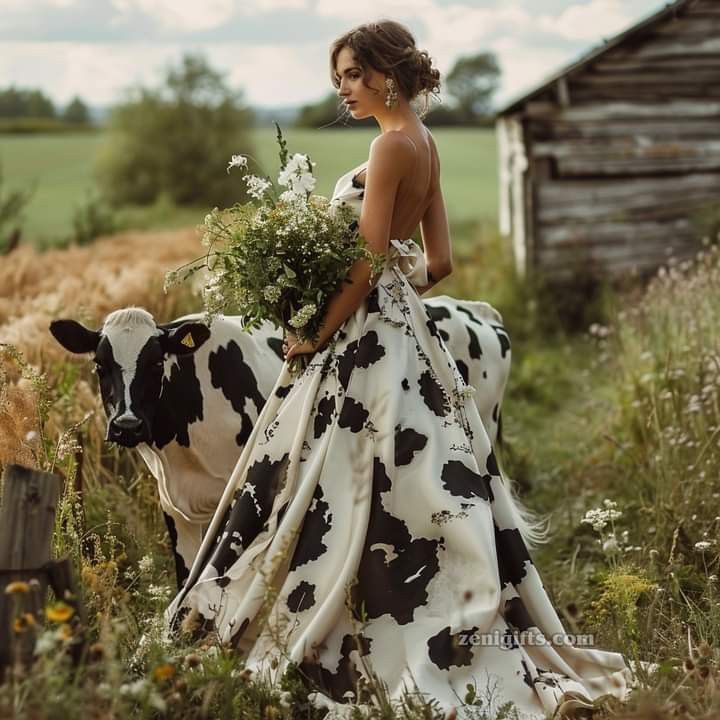 a woman in a black and white dress is standing next to a cow with flowers