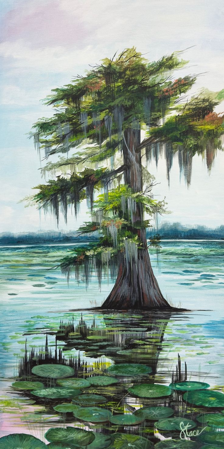 a painting of a tree in the middle of water