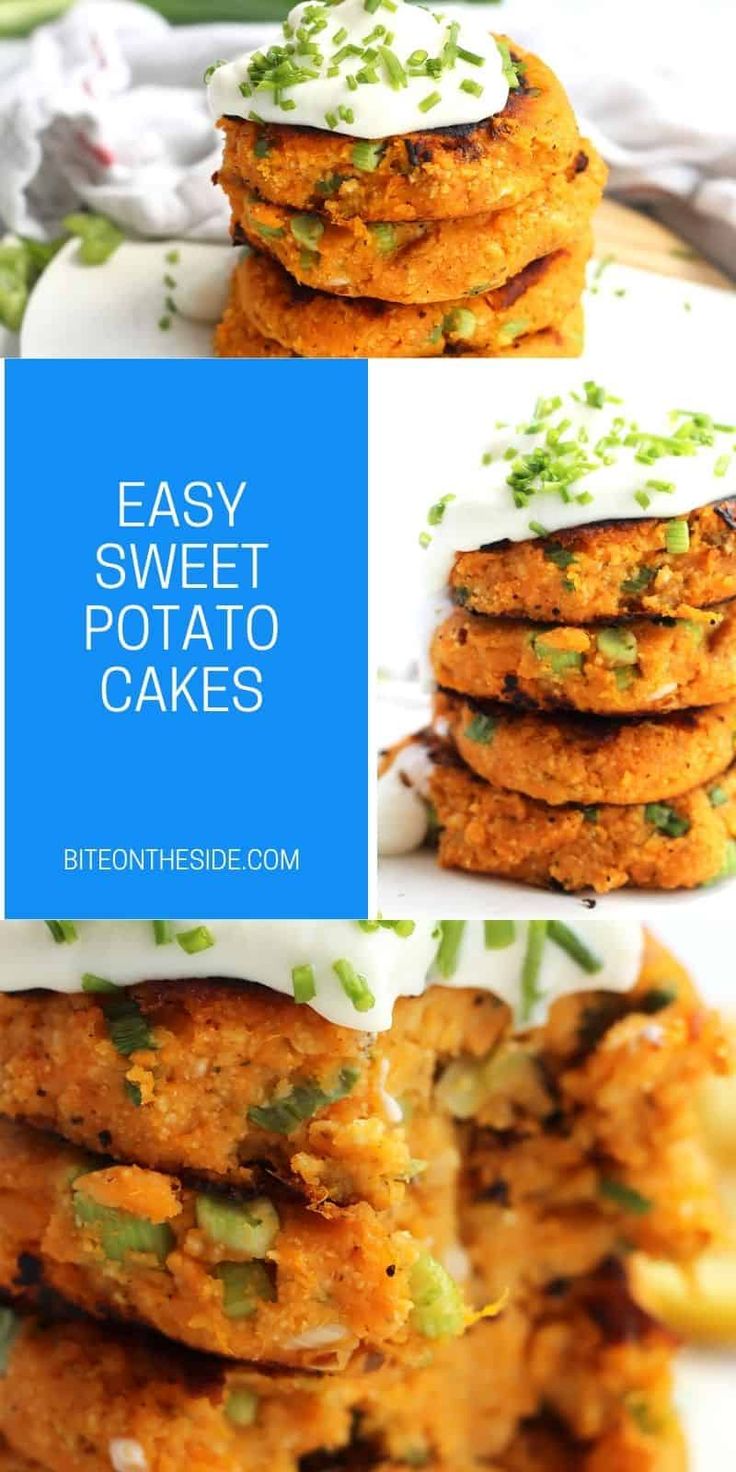 easy sweet potato cakes on a white plate with blue and green text that says easy sweet potato cakes