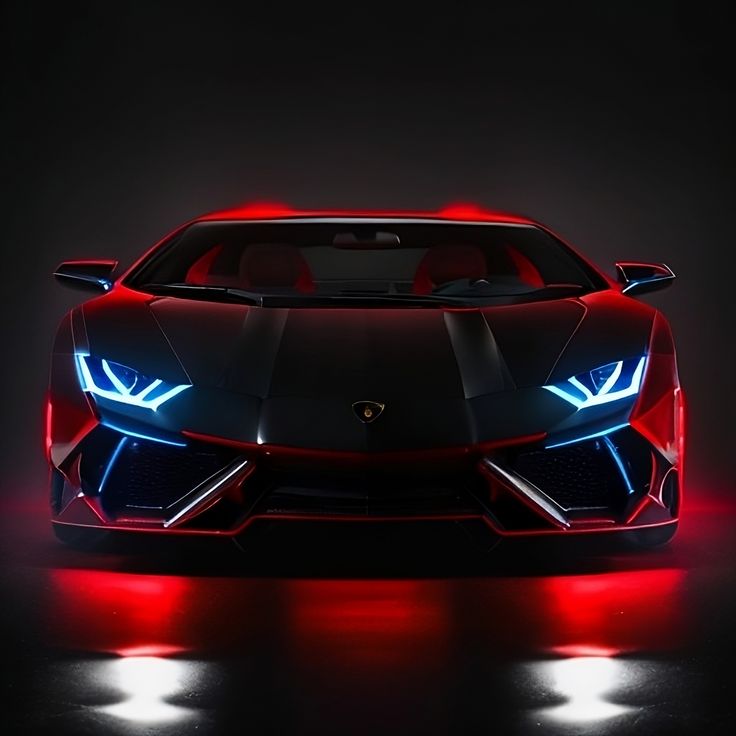 the front end of a red and black sports car with its headlights turned on at night