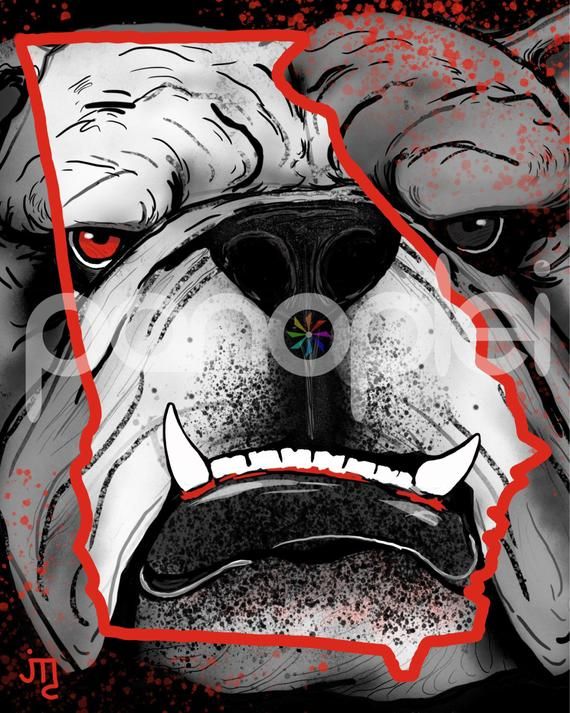 an angry bulldog's face with red and black paint splattered on it