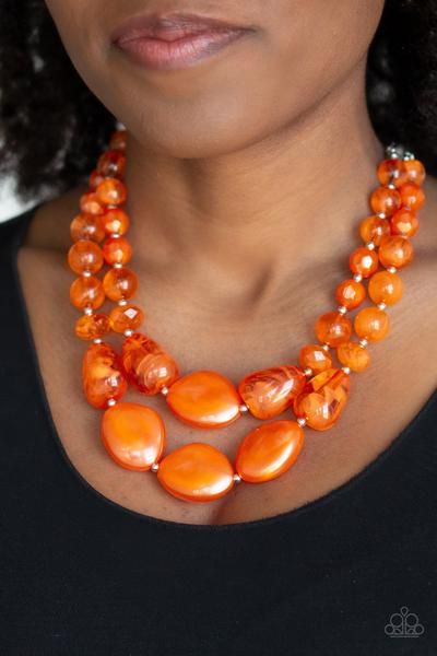 PAPARAZZI BEACH GLAM - ORANGE – Bee's Bling Bash Beach Glam, Amber Bead Necklace, Pink Giraffe, Earthy Style, Orange Necklace, Cats Eye Stone, Green Gems, Silver Feather, Amber Beads