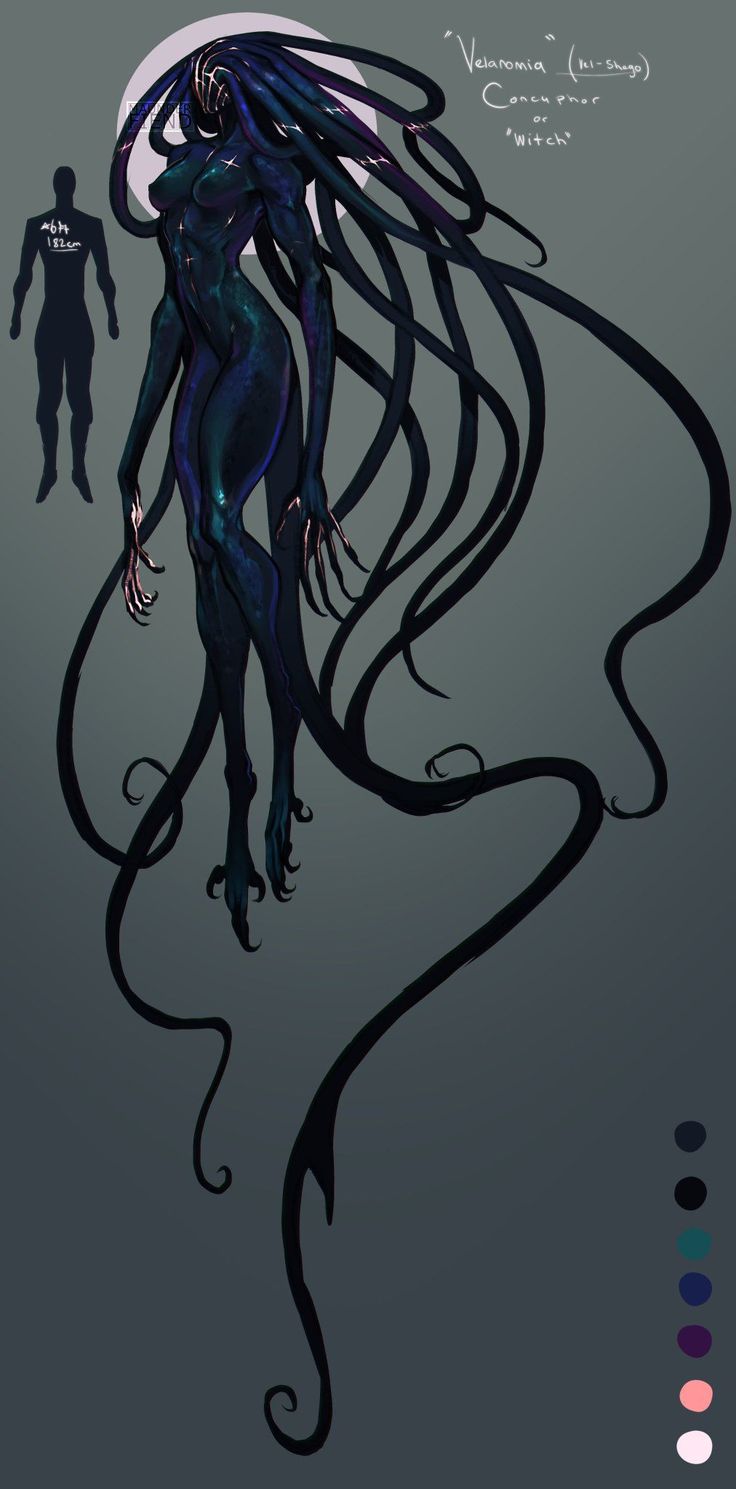 a drawing of a woman with long hair and an alien like body, standing in front of a man