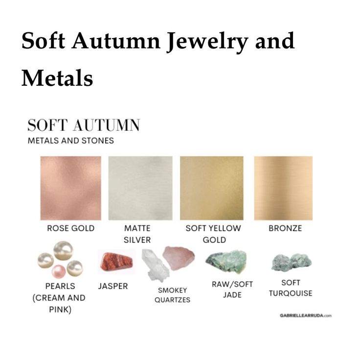 Soft Autumn Jewelry Colour, Soft Summer Metallics, Soft Summer Gold Or Silver, Soft Autumn Jewellery, Soft Autumn Gold Or Silver, Soft Autumn Color Palette Jewelry, Soft Autumn Glasses, Soft Autumn Shoes, Soft Autumn Work Outfits