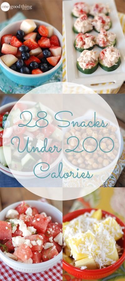 several different types of snacks in bowls and plates with the words, 28 snacks under 300 calories